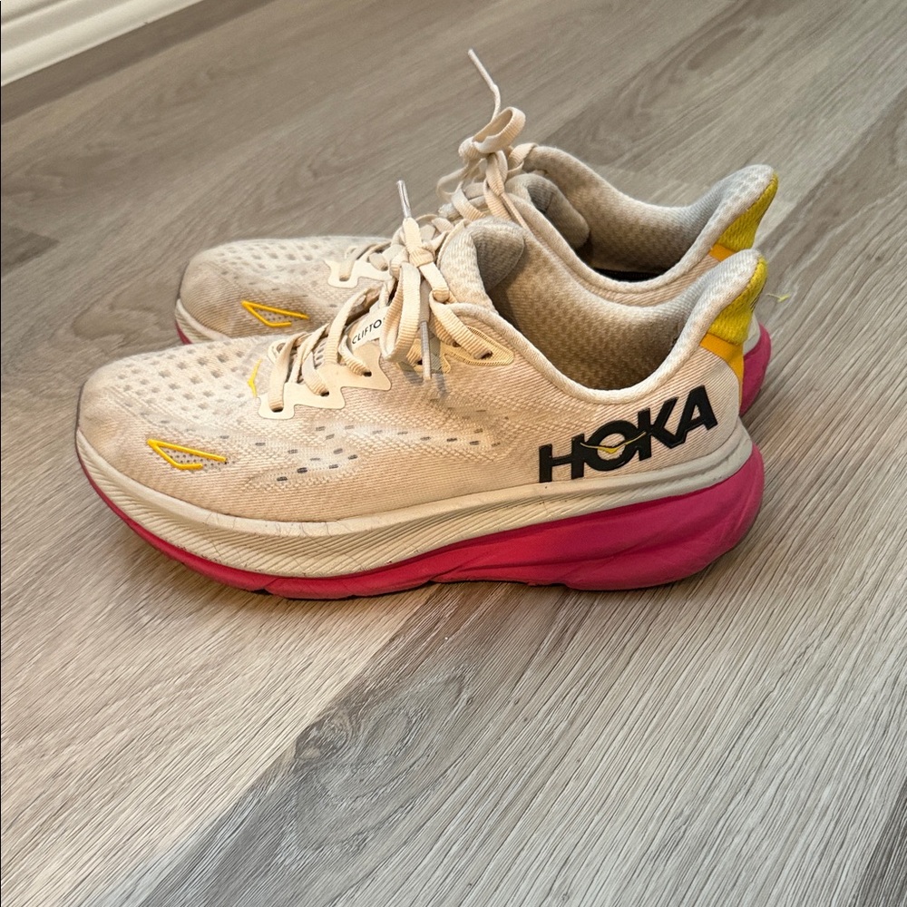 Hoka Women's Running Shoes - Cream Upper with Pink Midsole and Yellow Accents